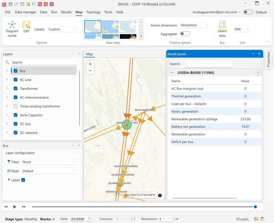 Result panel beside the map listing marginal cost, generation, load and spillage for bus JUSSIA-BA500